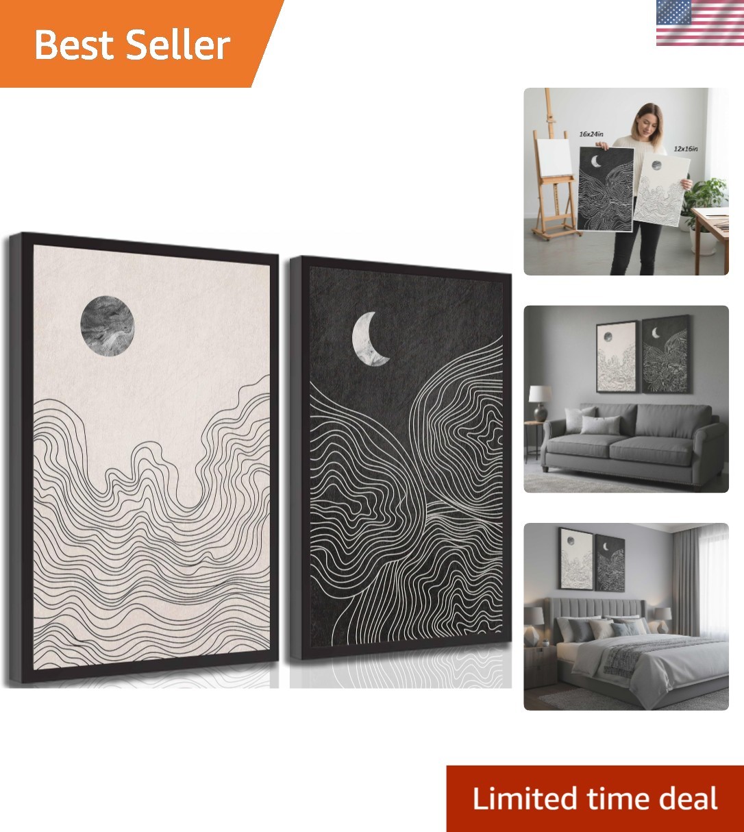 Versatile Black and White Sun and Moon Canvas Art – Ideal for Any Room Decor