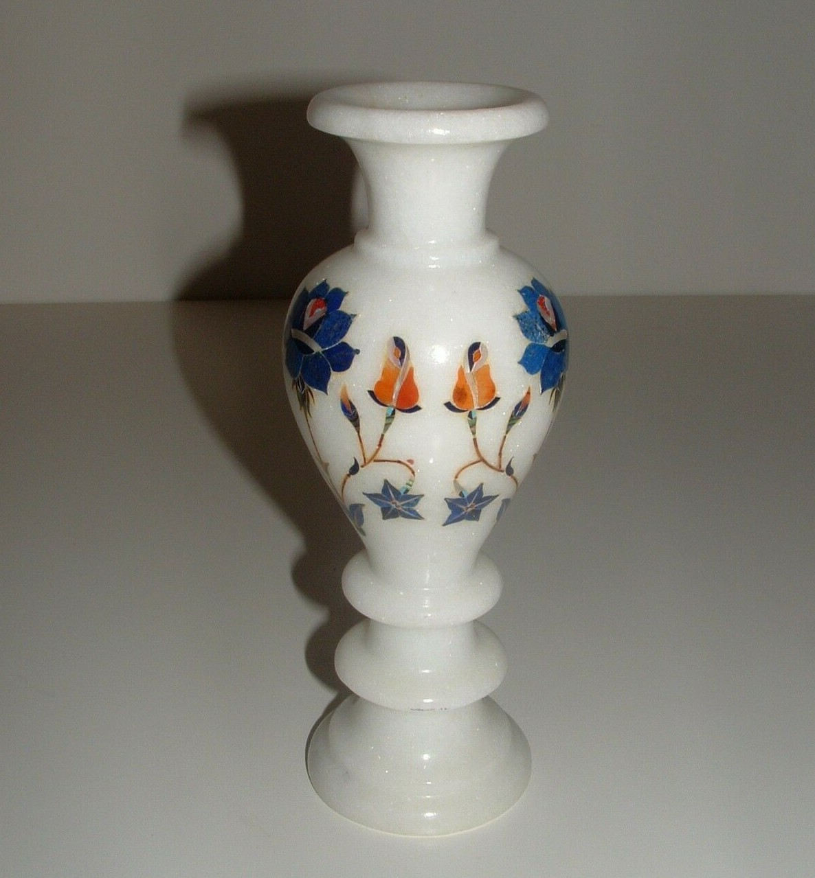 Floral Design Inlay White Marble Type Bud Vase, 8″ Tall, Age Unknown, pre-owned