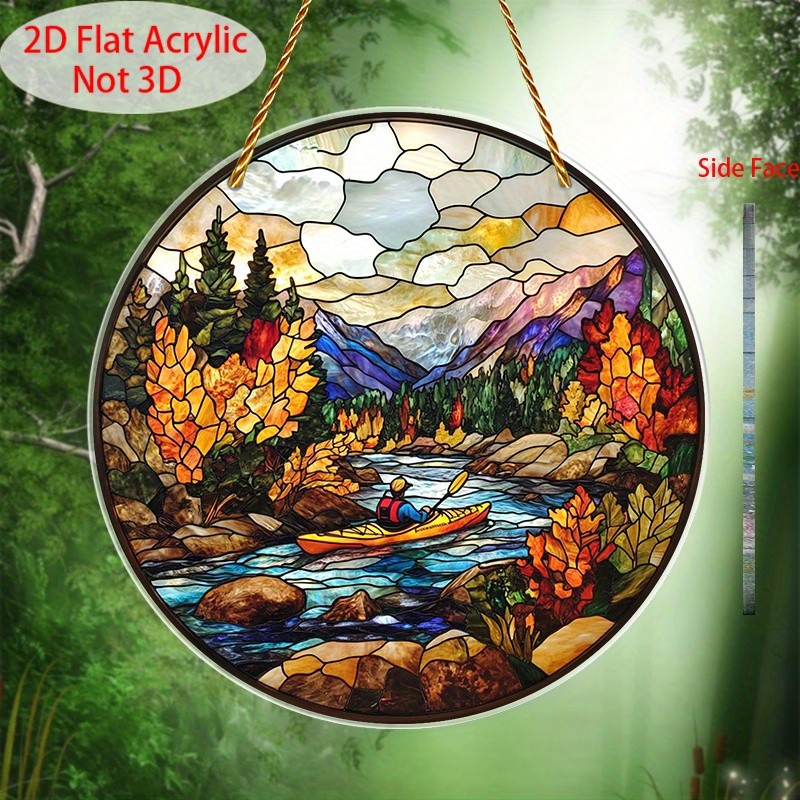 Acrylic Fall River Kayak Sun Catcher 2D Flat Autumn Forest Window Hanging Decor