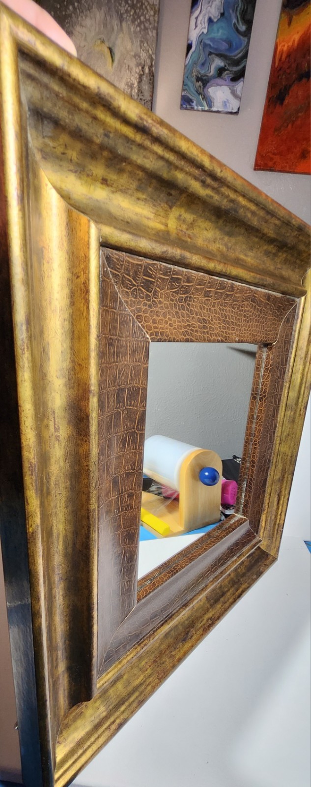 square mirror faux alligator textured inner frame and gold toned outer frame