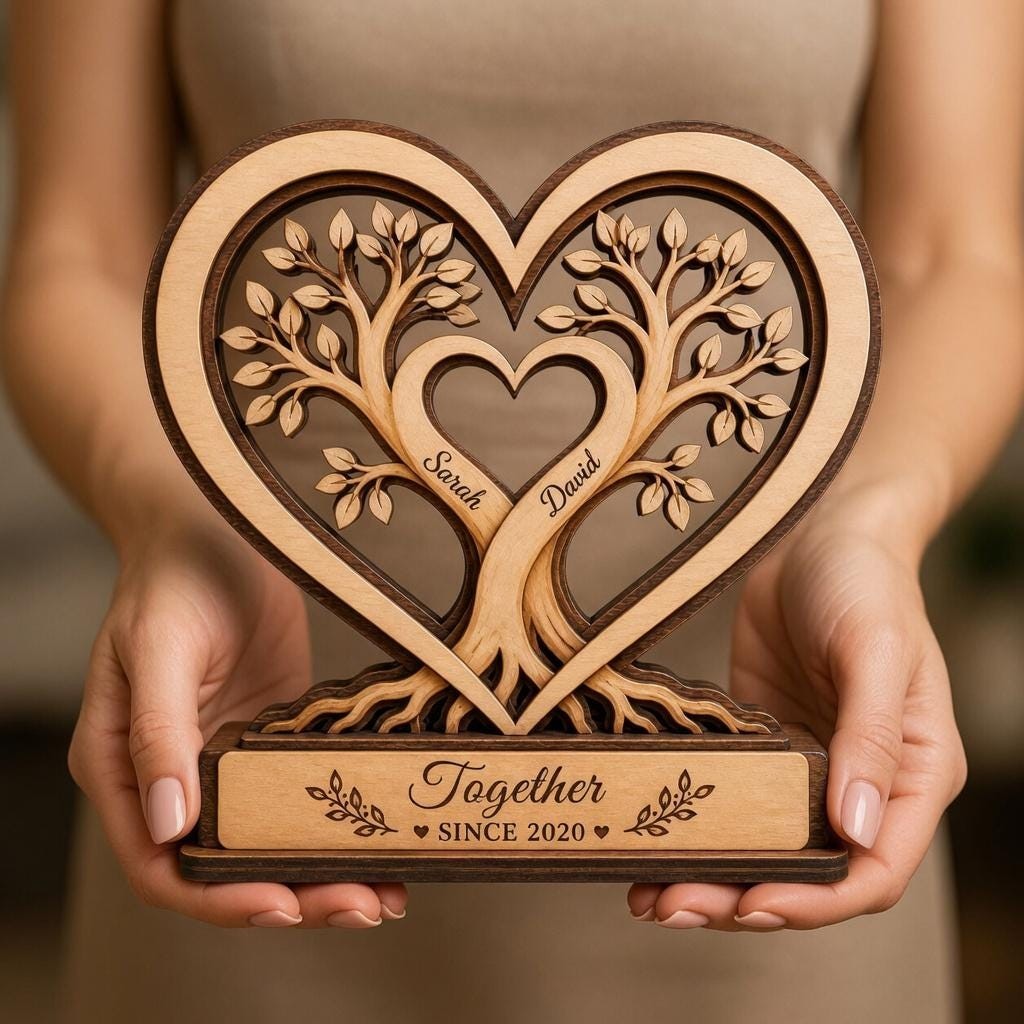 Personalized Couple Wooden Block, Custom Name Sign, Heart Tree Decor, Wedding