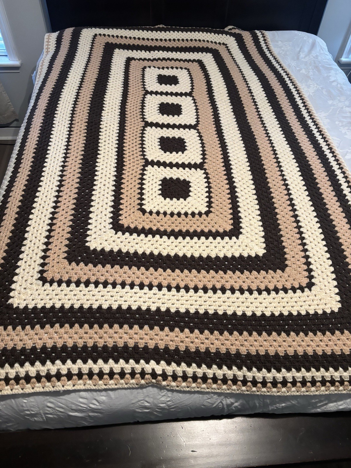 Handmade crochet ” Granny Square Beige, Brown, Ivory Open Weave 80″L x 48″ W