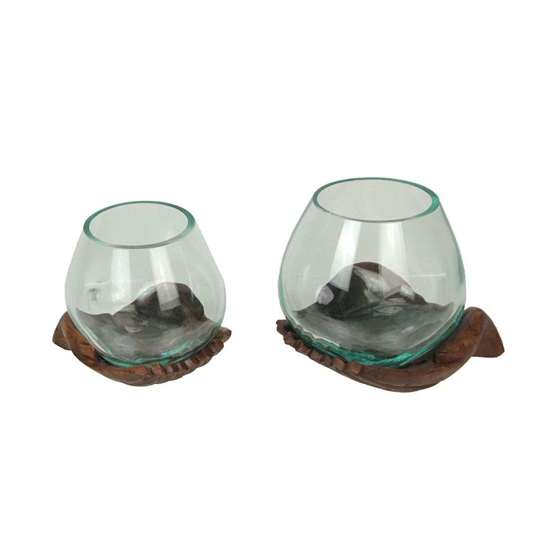 Blown Molten Glass and Carved Wood Hands Decorative Bowls, Terrariums – Set of 2