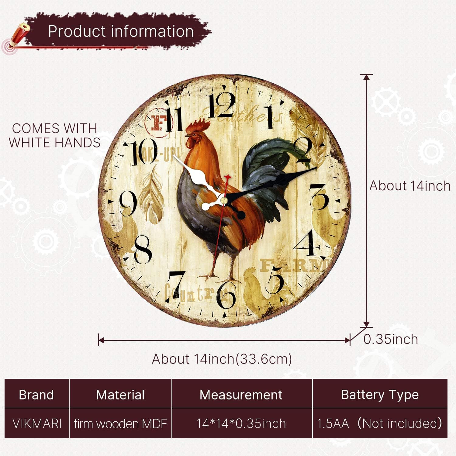 Arabic Numerals Wall Clock Rustic Rooster Style Silent Non-Ticking Quartz Wooden