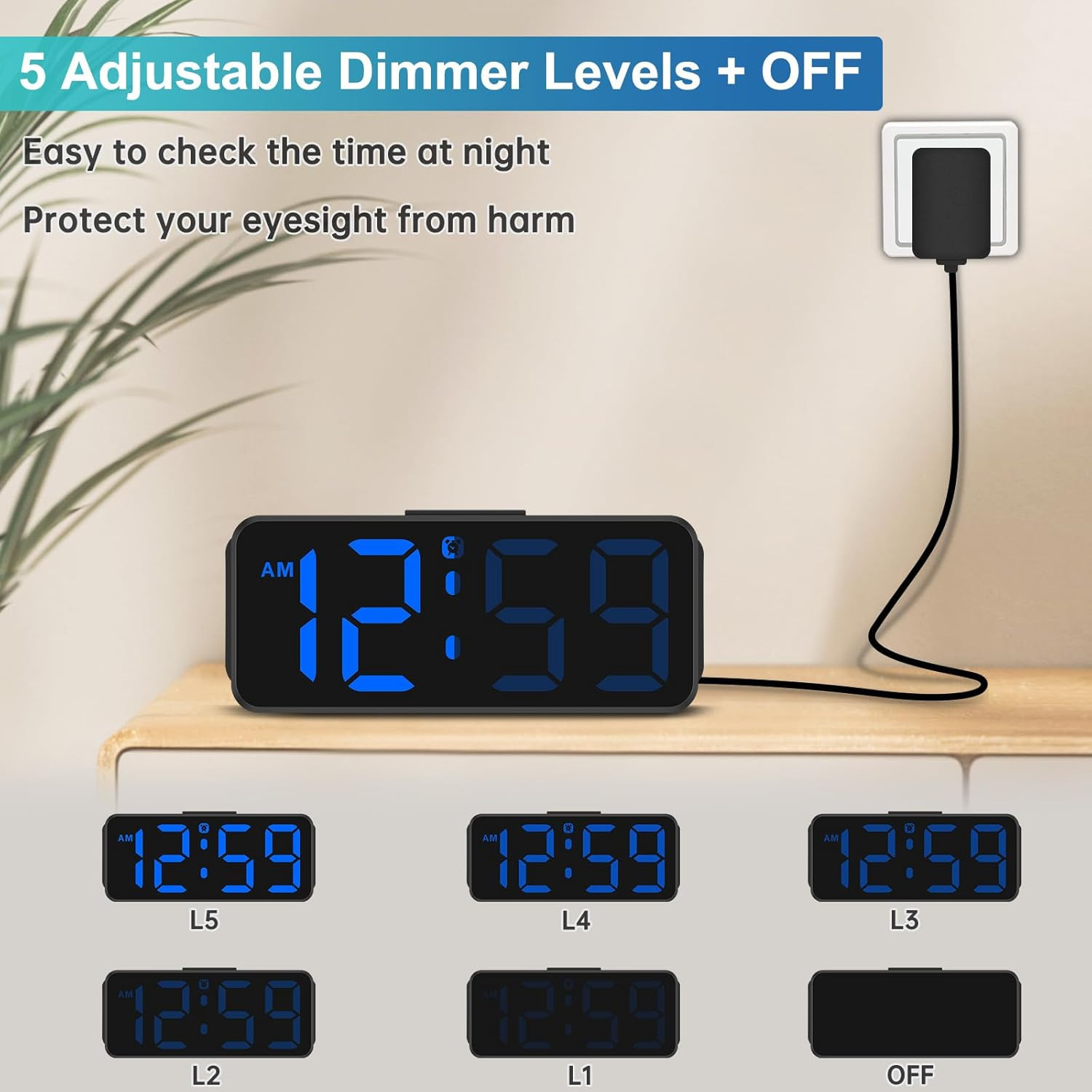 Small Digital Alarm Clock Plug In LED Large Display Dimmer Volume Backup Blue
