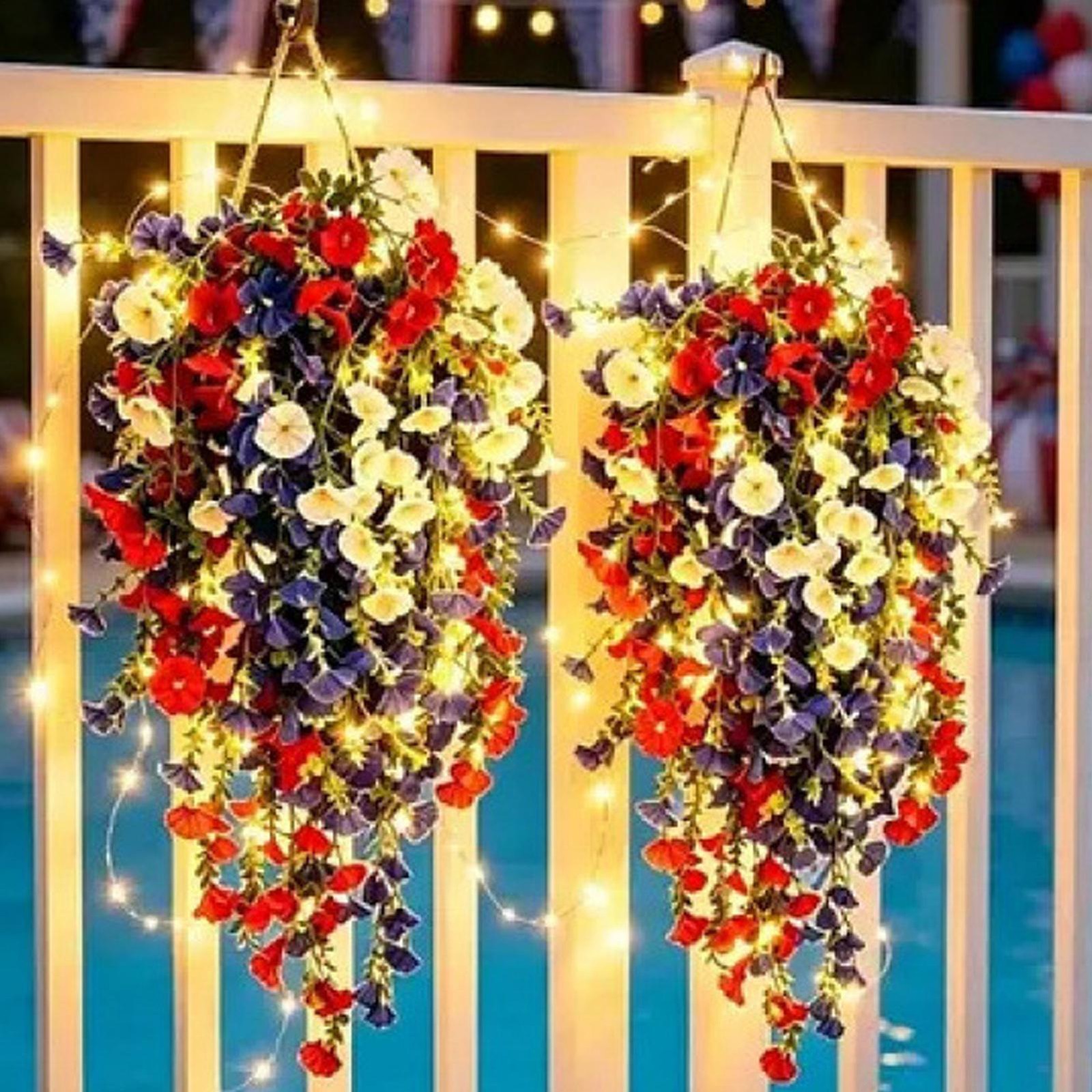 Red White Blue Artificial Hanging Flowers with Lights, 250th Anniversary Decor