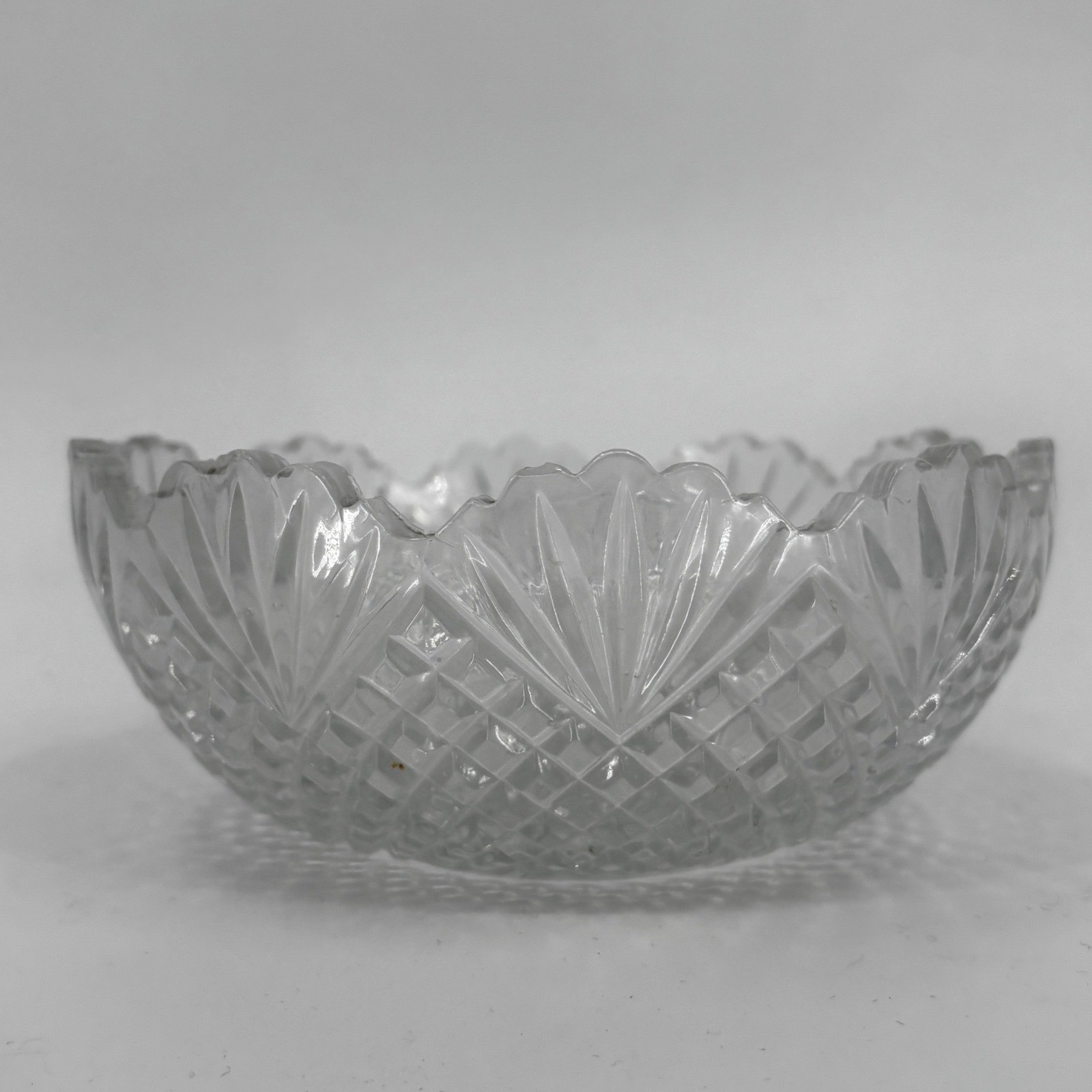 Vintage Clear Cut Glass Scalloped Bowl Diamond Fan Pattern Round Bowl