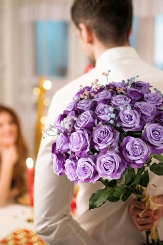 10PCS Artificial Roses Flower with Stems Slik Fake Flowers Light Purple