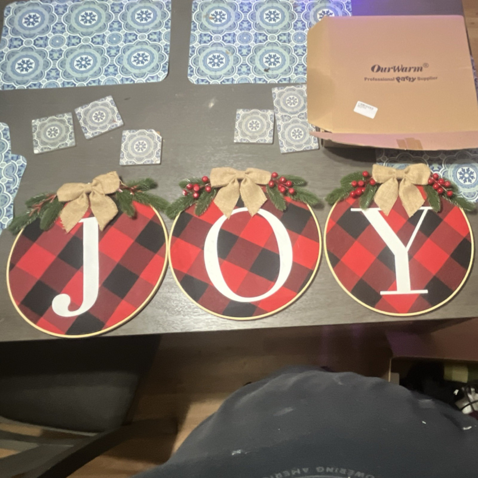 Rustic JOY Christmas Round Buffalo Plaid Wood Wall Plaques Set of 3, 10 in