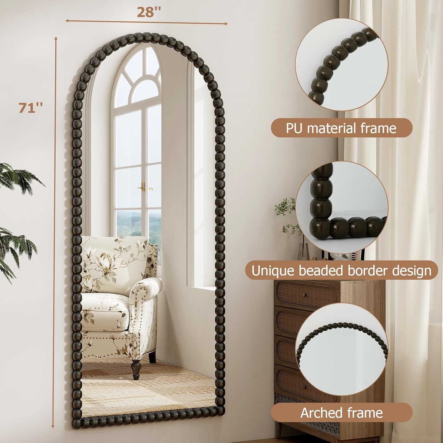 Antique Arched Full Length Mirror – Vintage Beaded Floor Mirror for Any Room
