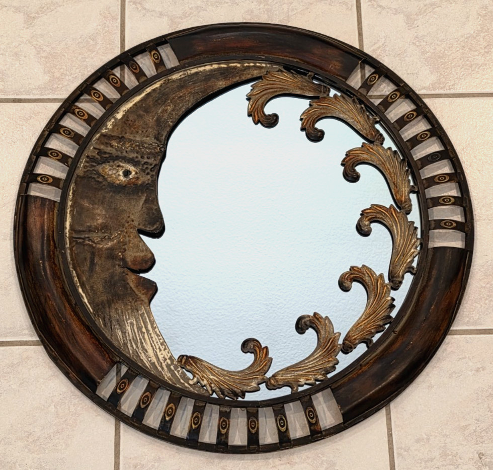 RARE Unique 24″ Celestial Metal Moon Ornate Wall Mirror + Gold Gilt-Like Accents