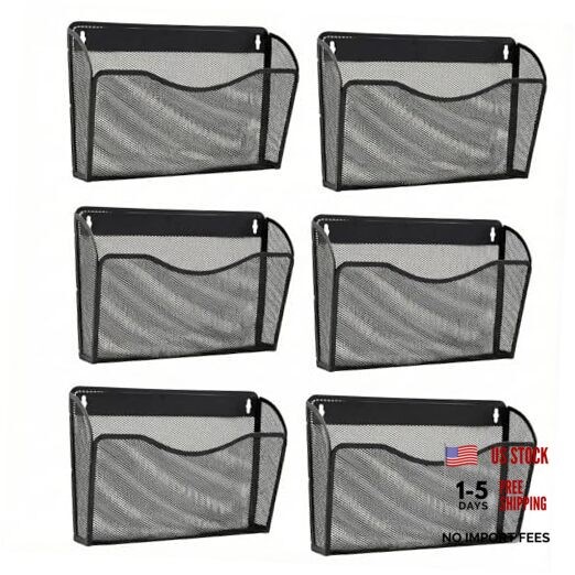 6 Pack Mesh Wall Mounted File Holder, Metal Wall File Pocket Mail Black-6 Pack