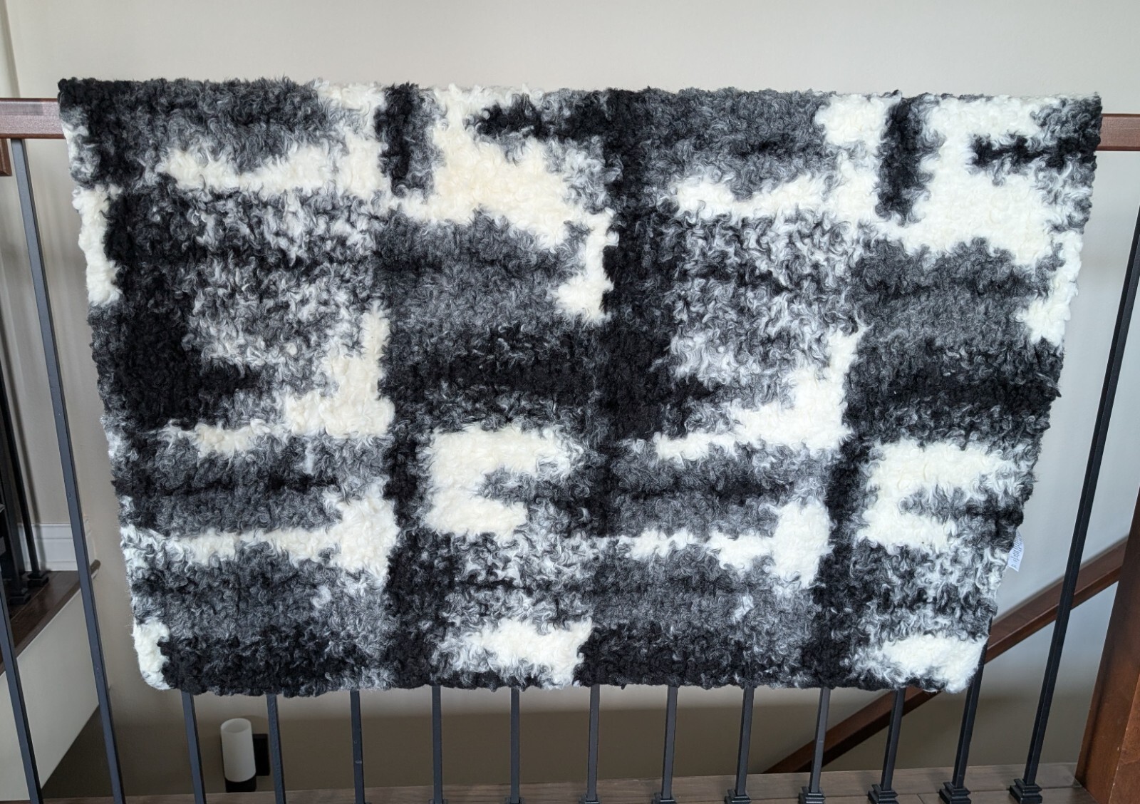 West Elm throw blanket faux fur black cream gray abstract 45.5 x 57.5 fuzzy