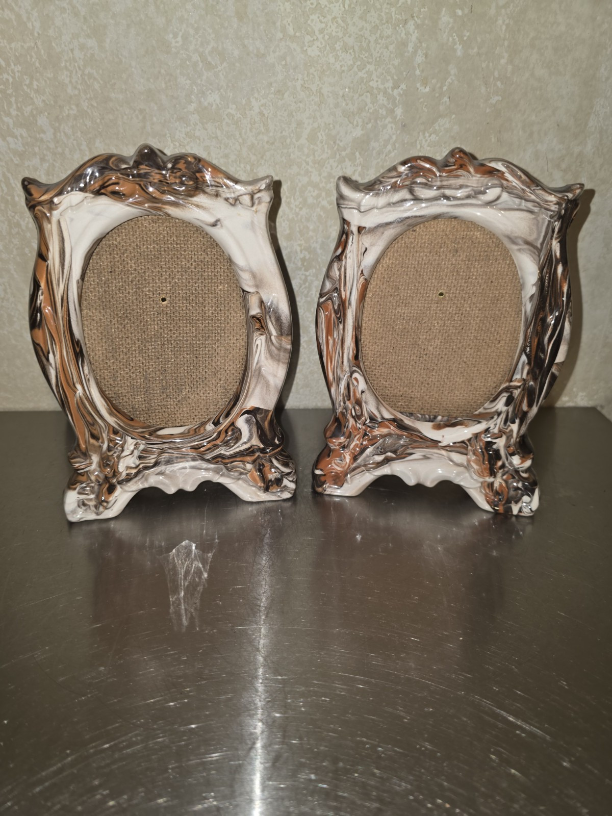 Unique & Neat Pair Of White/Orange/Brown Swirl Picture Frames. AS IS