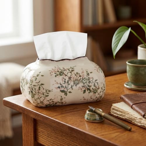 Vintage Floral Ceramic Tissue Box Cover Chinoiserie Decorative Tissue Holder