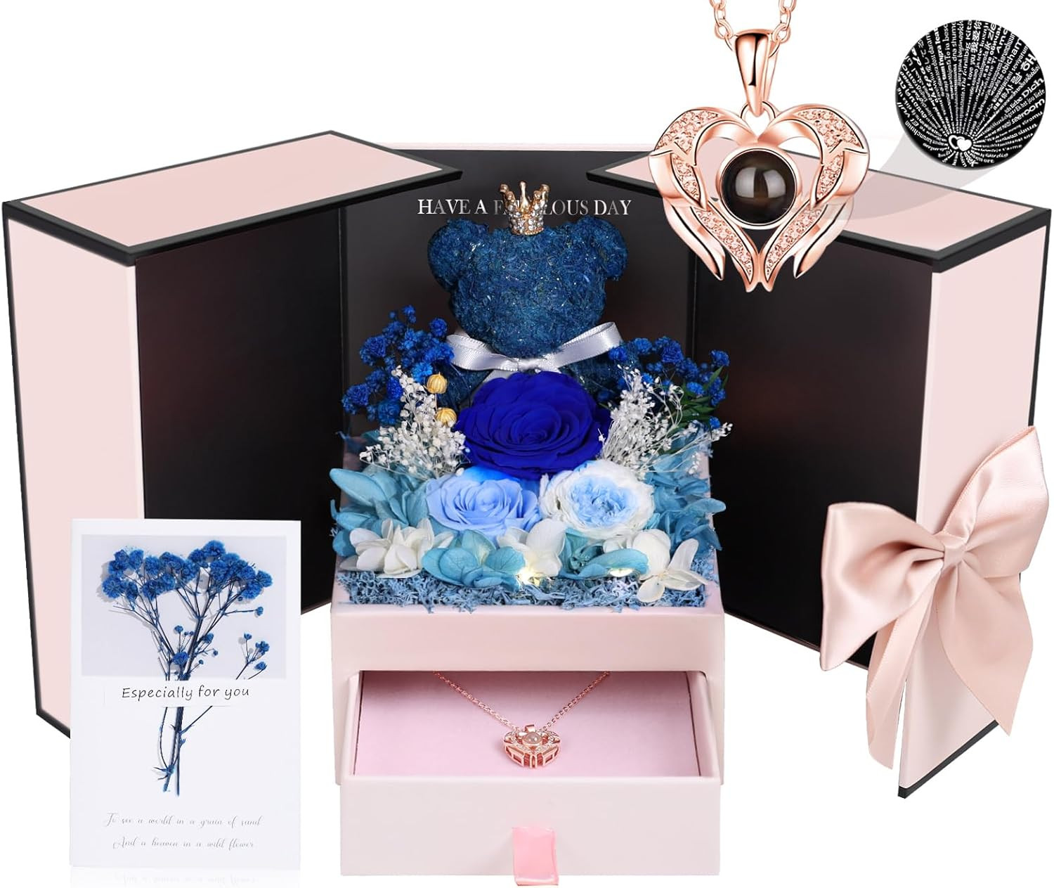 Valentines Day Gifts for Her Preserved Real Rose with Necklace Eternal Roses Box