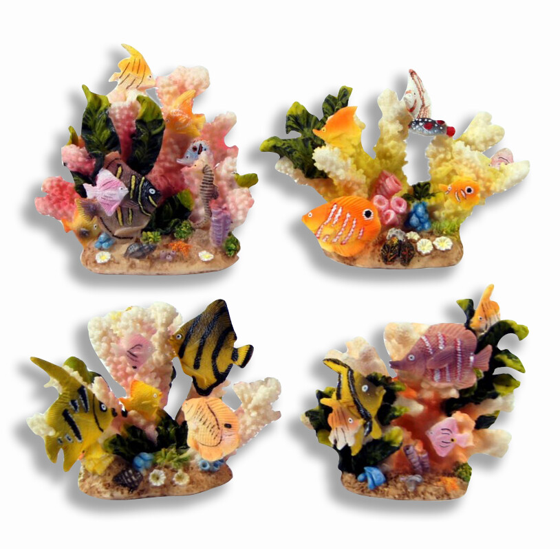 Hand Painted 4x4x3″ Tropical Fish On Coral Reef Sculpture Figurine Statue 49T