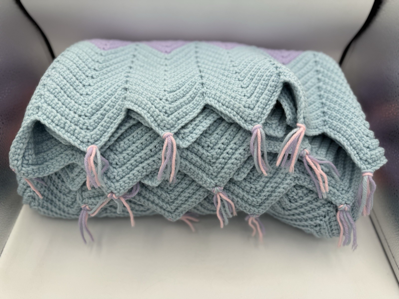 Hand-Crocheted Chevron Afghan – Blue, Pink & Purple Ripple Throw – 49” x 75