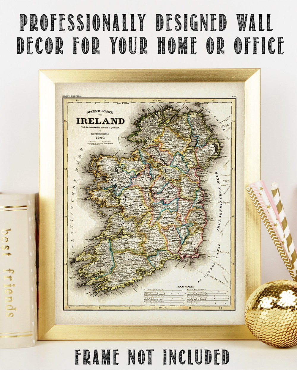 1844 Map of Ireland Vintage Poster 11×14, Antique Irish Counties Wall Art