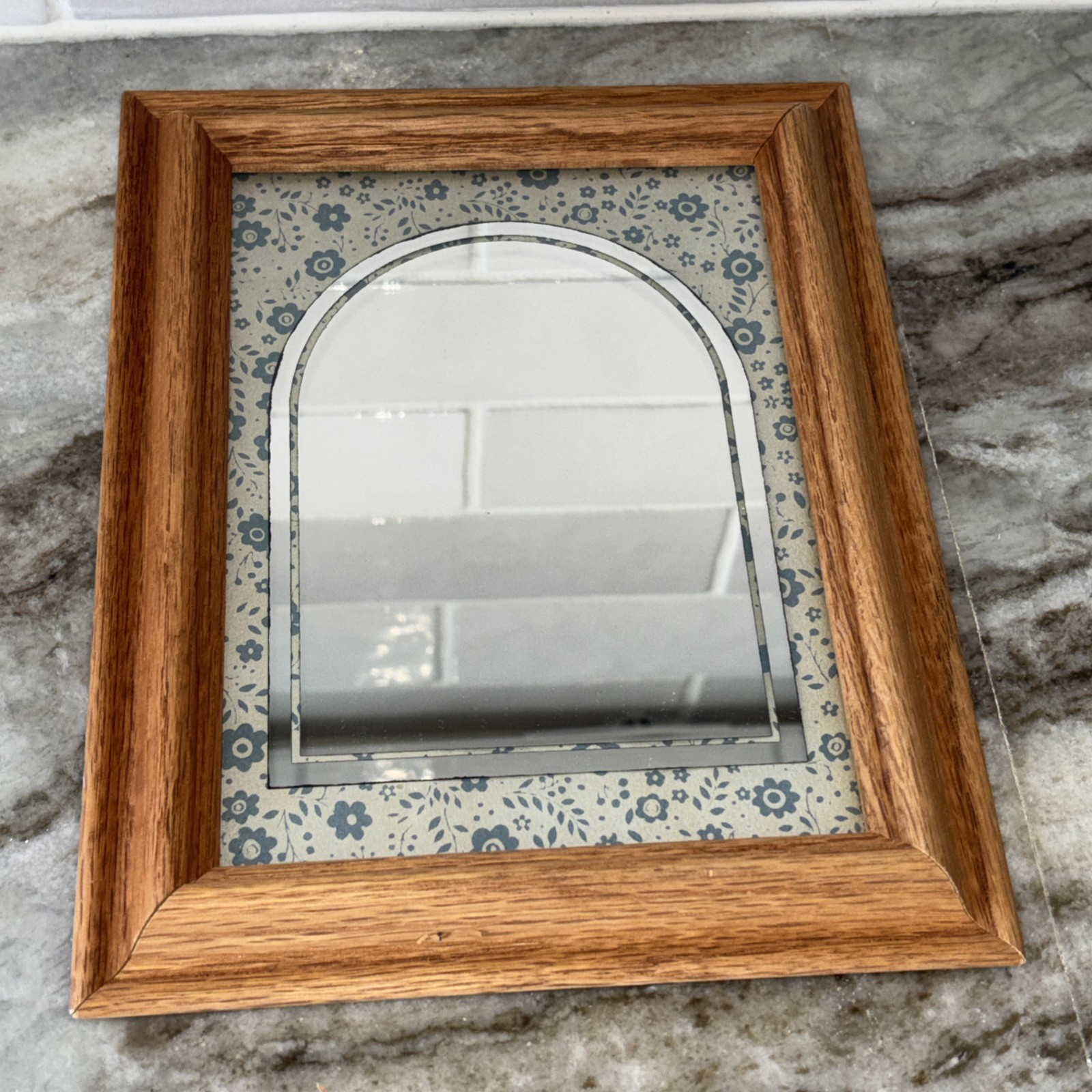 Vintage Wood Framed Mirror Blue Floral Mat Farmhouse Cottagecore Figi Giftware