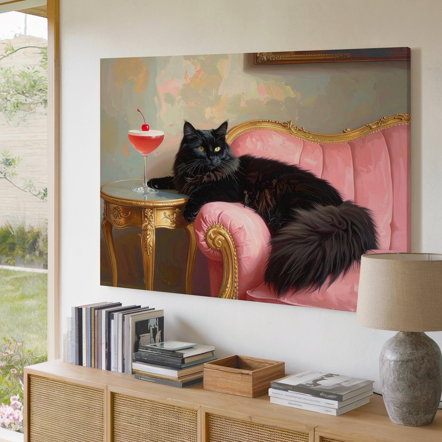 Velvet Throne Cat Canvasregal Black Feline On Pink Chaise With Cocktail Wall Art