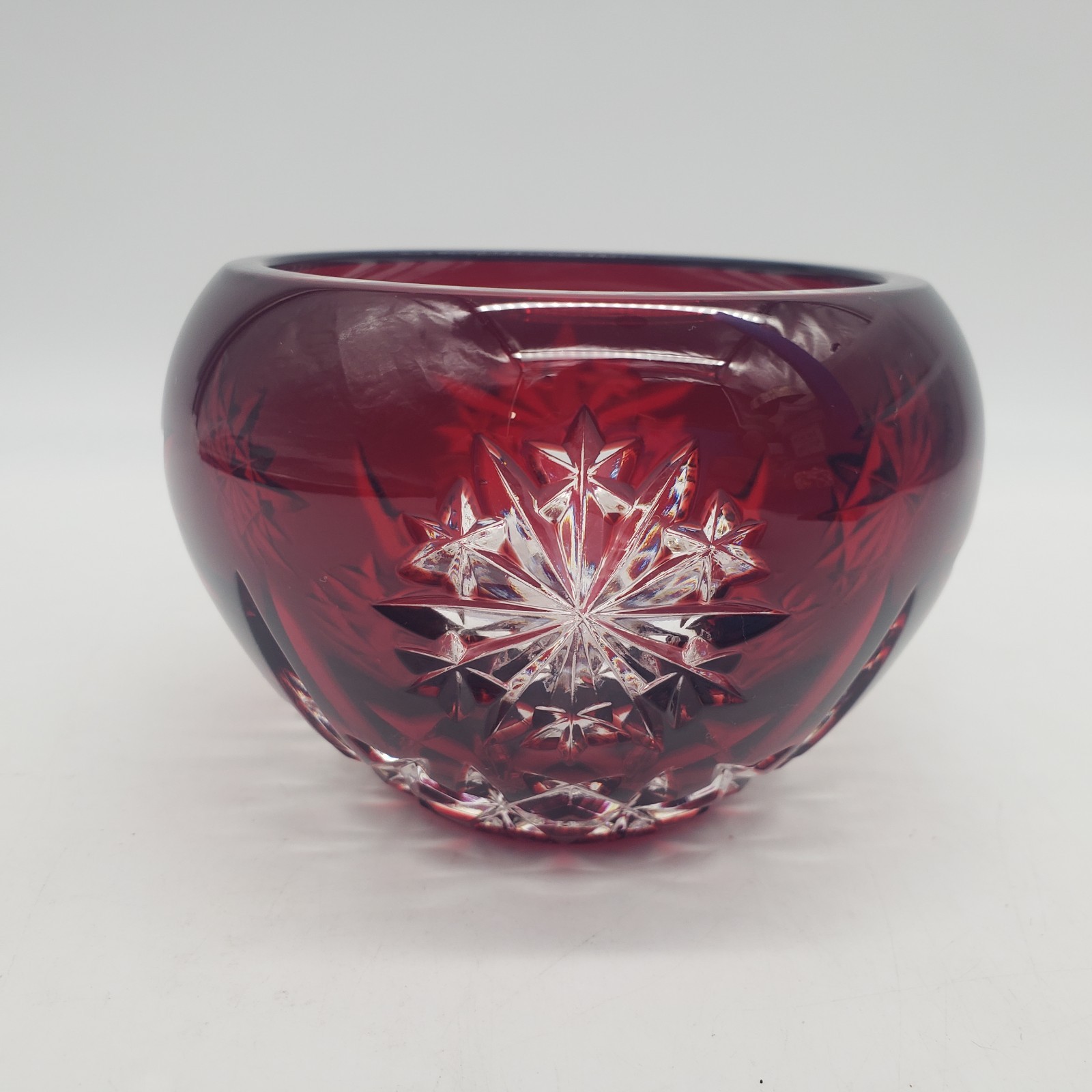 Waterford Crystal Snow Crystals Red Round Votive Holder Bowl Snowflake Cut Glass
