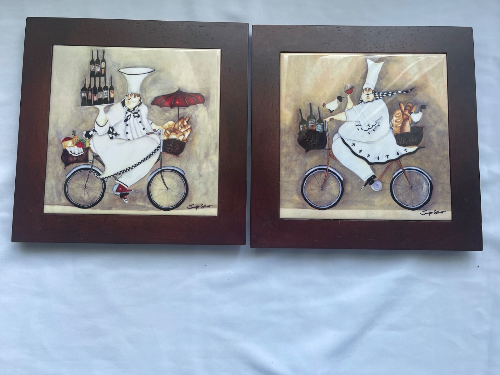 Set of 2 Jennifer Garant Fat Chef on Bicycle Framed Art Tile Hanging Trivet 8×8