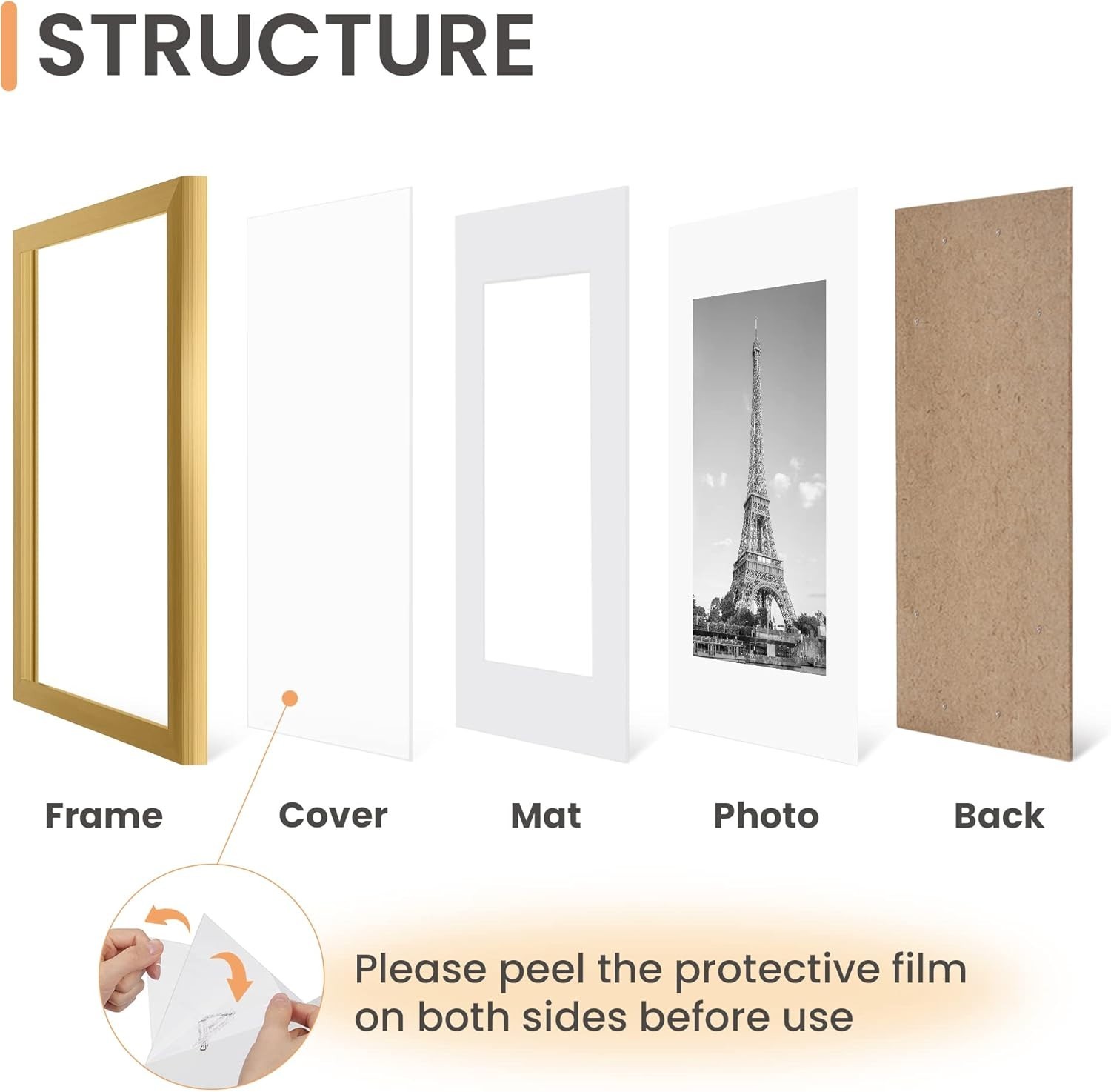 Set of 5 Gold Picture Frames for 6×8 Photos with Mat or 8.5×11 Without Mat
