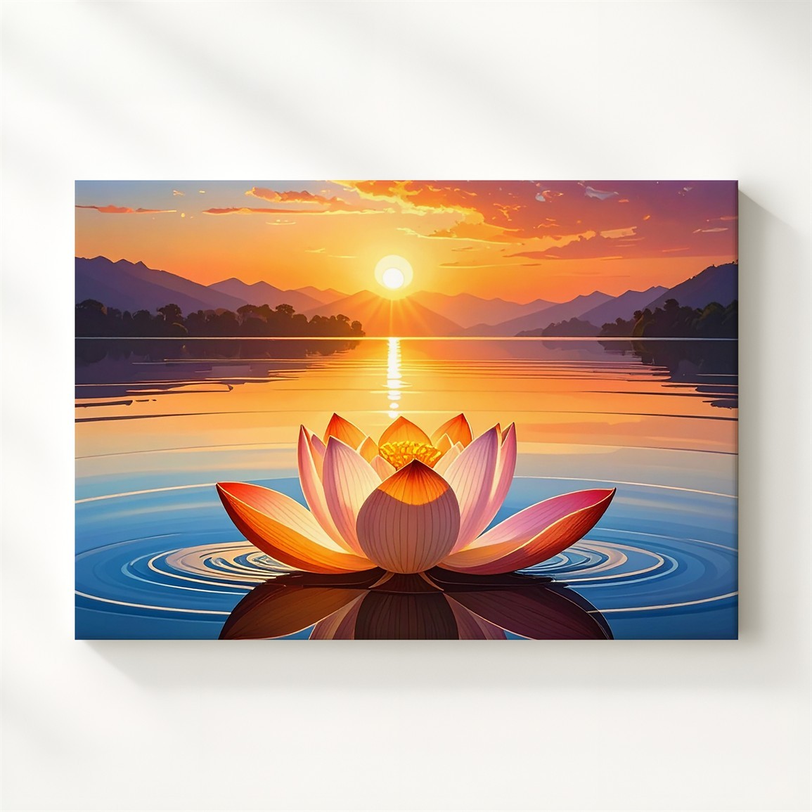 Sacred Sunset Lotus Canvas Hyper-Realistic Symmetrical Lake Reflection Art Wall