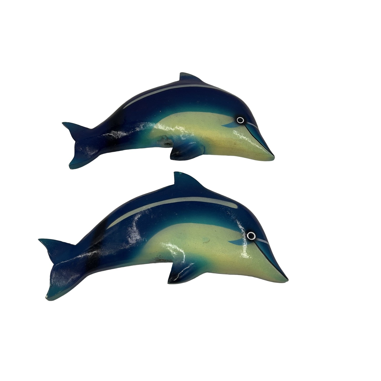 2 Vintage 6” Wooden Dolphin Mahi-Mahi Fish Wall Decor Art Pair Blue Teal Yellow