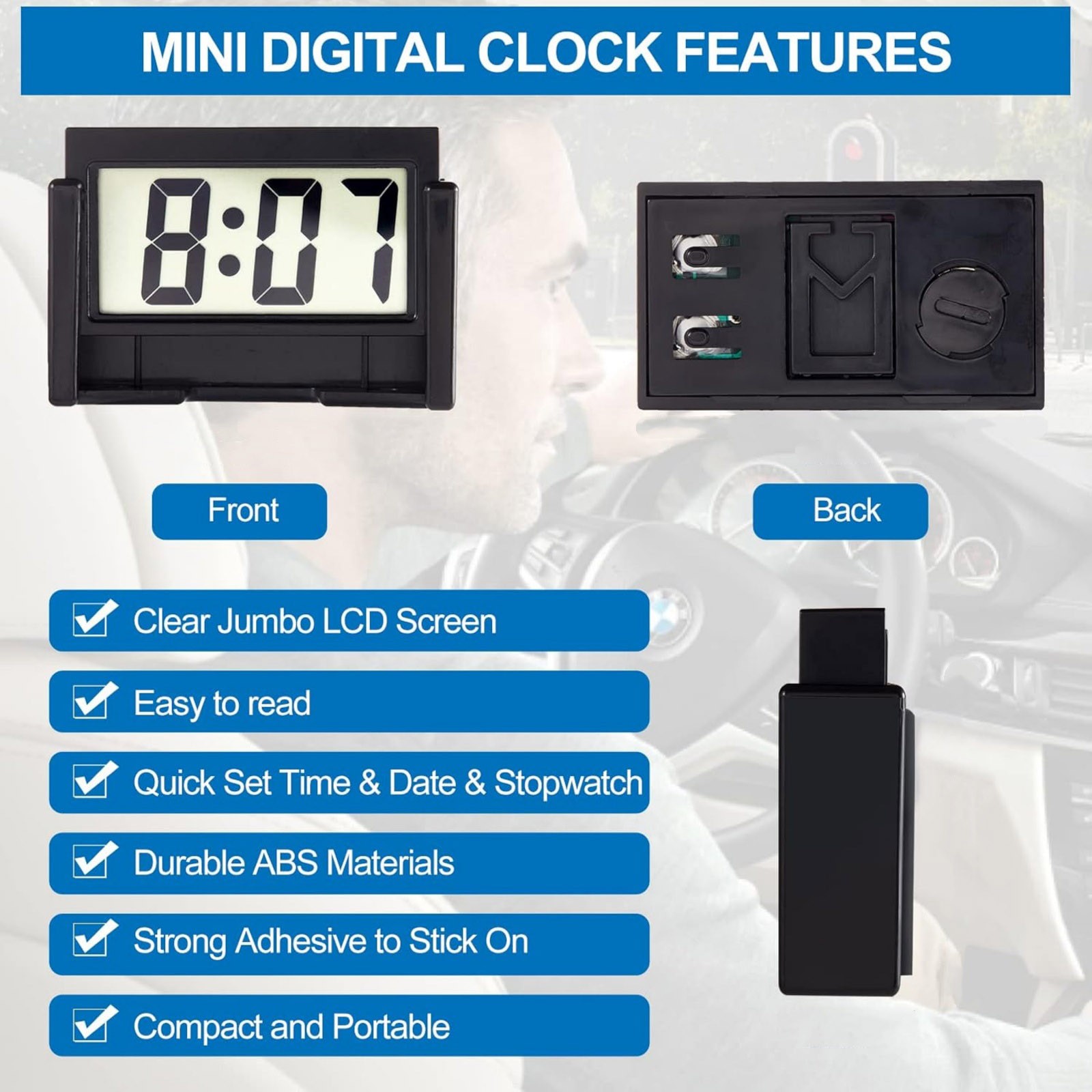 New 3 Pack Mini Digital Clock Small Adhesive Stick On Easy To Read Large Numbers