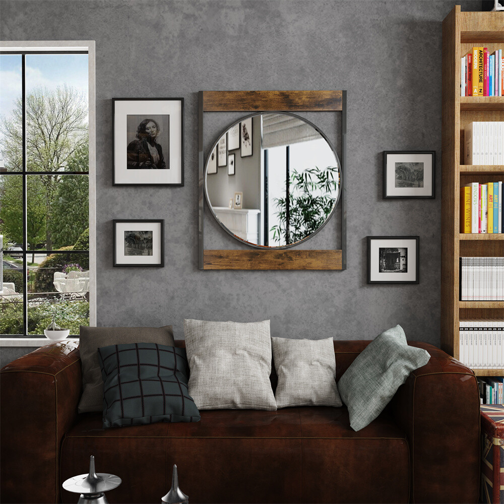 Farmhouse Metal Round Mirror in Square Frame Wall Decor for Bathroom Living Room