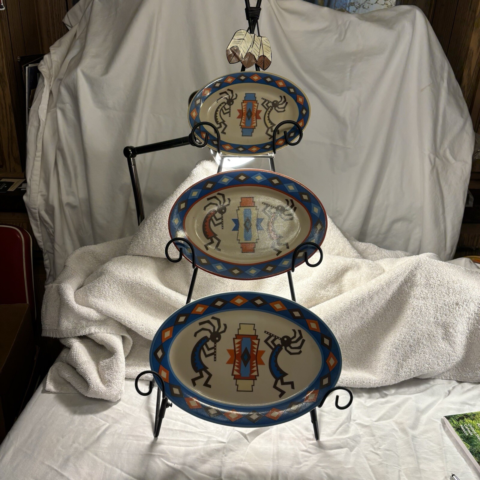 Kachina Southwest Decroative Plate Small Medium Large W/Stand Ceramic Set of 3