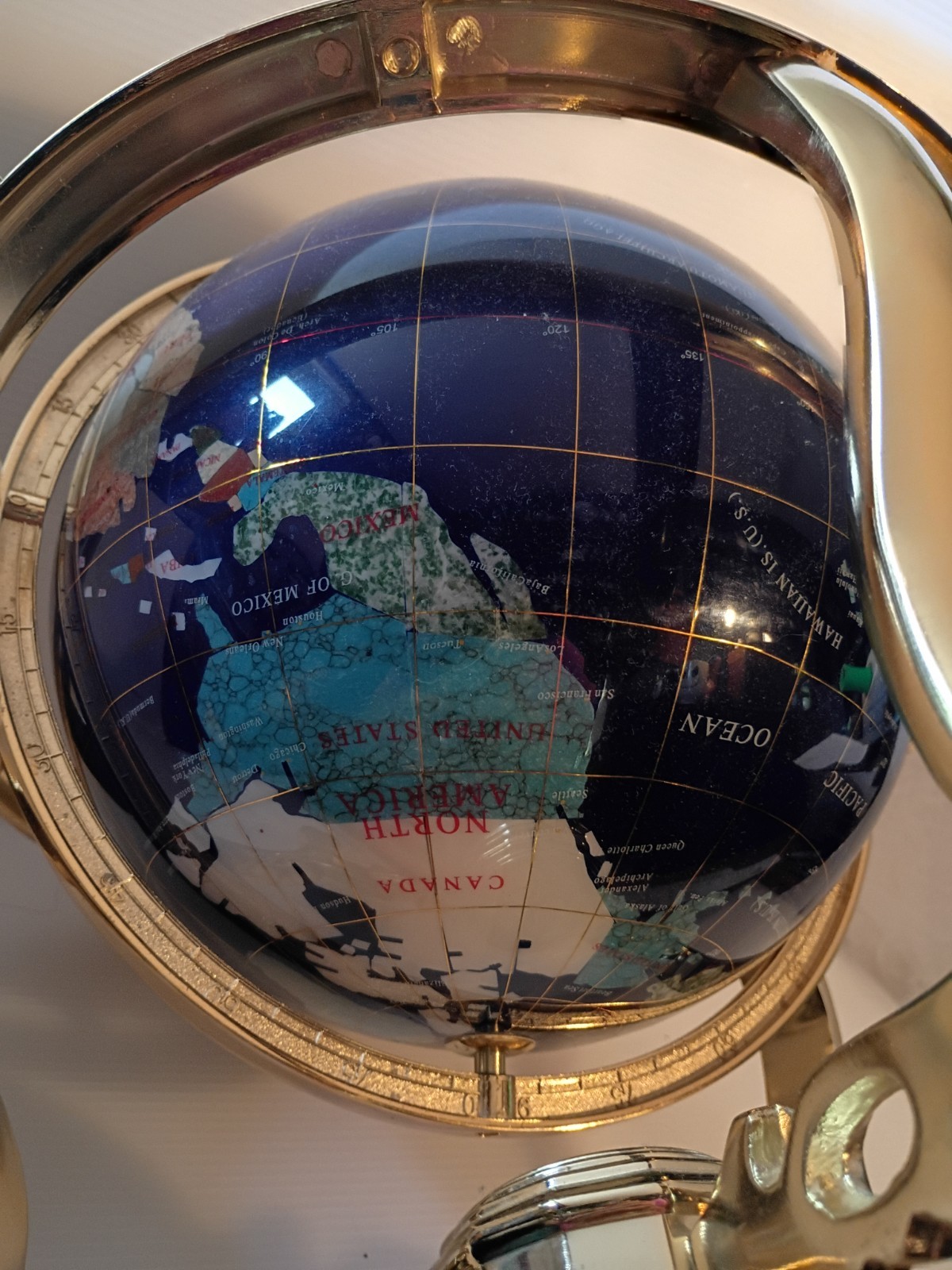 Tabletop Globe Lapis & Semi-Precious Gemstones Brass Stand Compass 10Lb 13.5″ T!