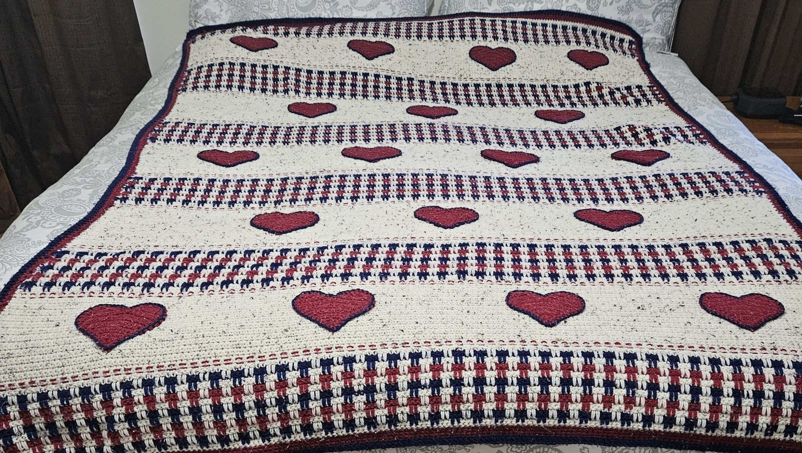 Afghan Handmade Crocheted Red White & Blue Approx 63″ X 80″ Read Description.
