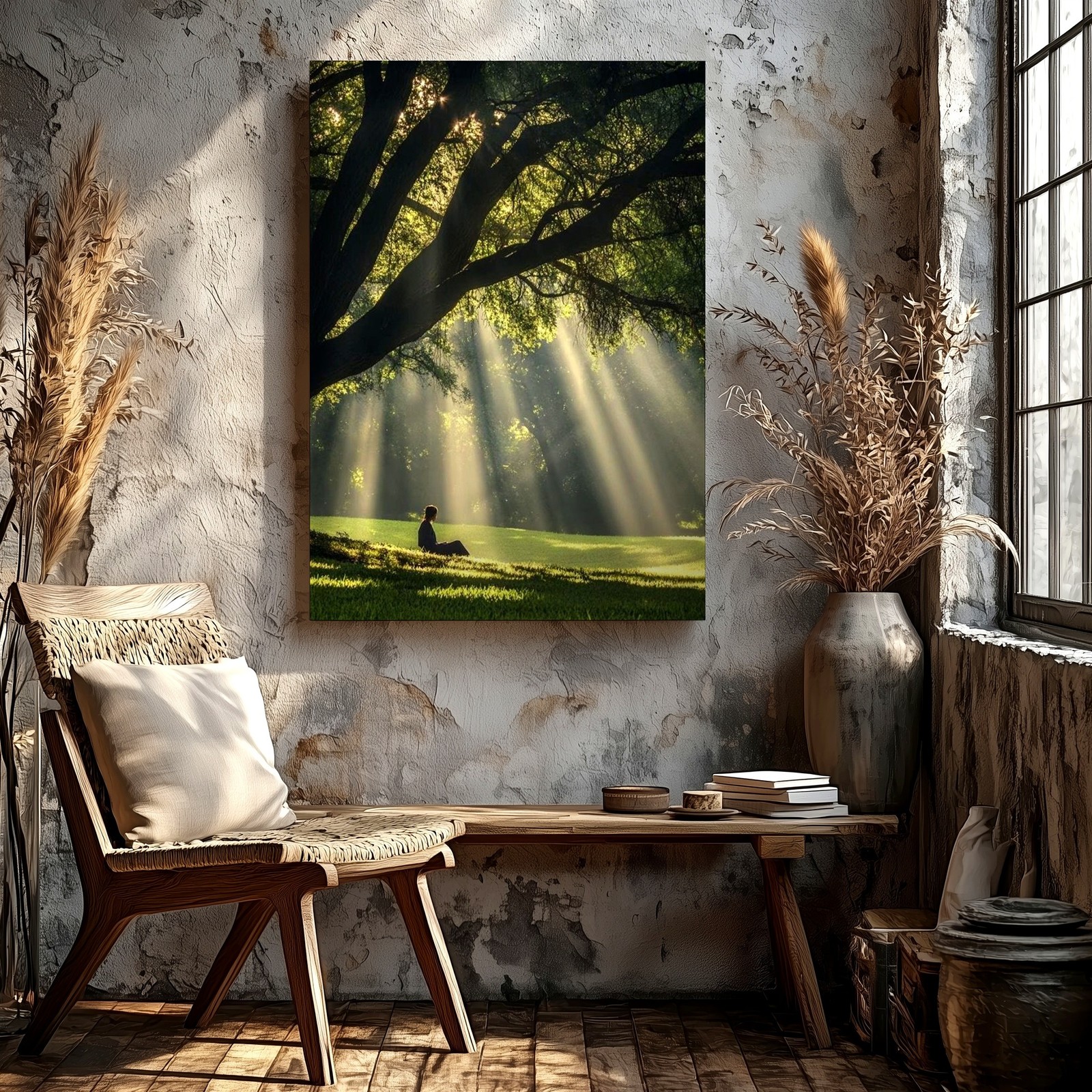 Wall Art Sun Rays Through Tree Forest Landscape Meditating Woman Nature Print