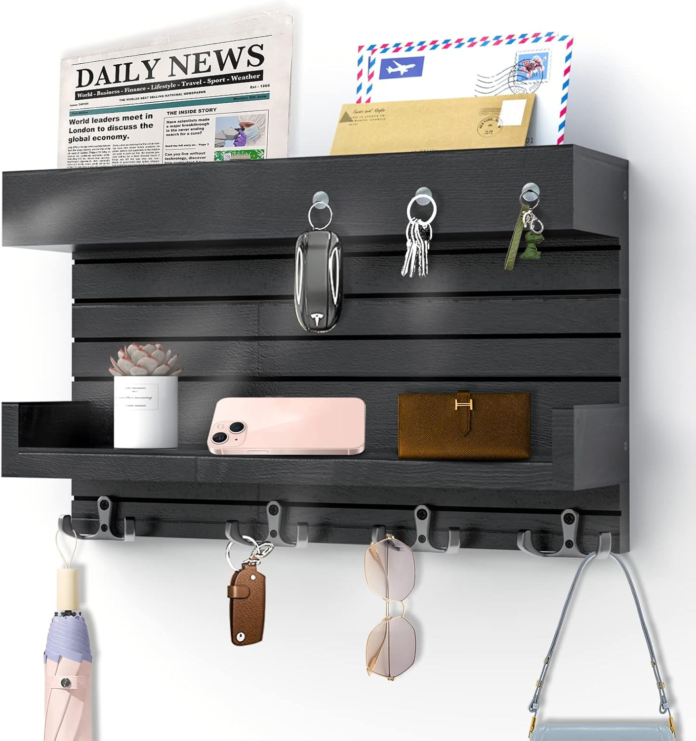 Key Holder for Wall Decorative Wall Mounted Mail Holder with 4 Key Hooks, Wooden