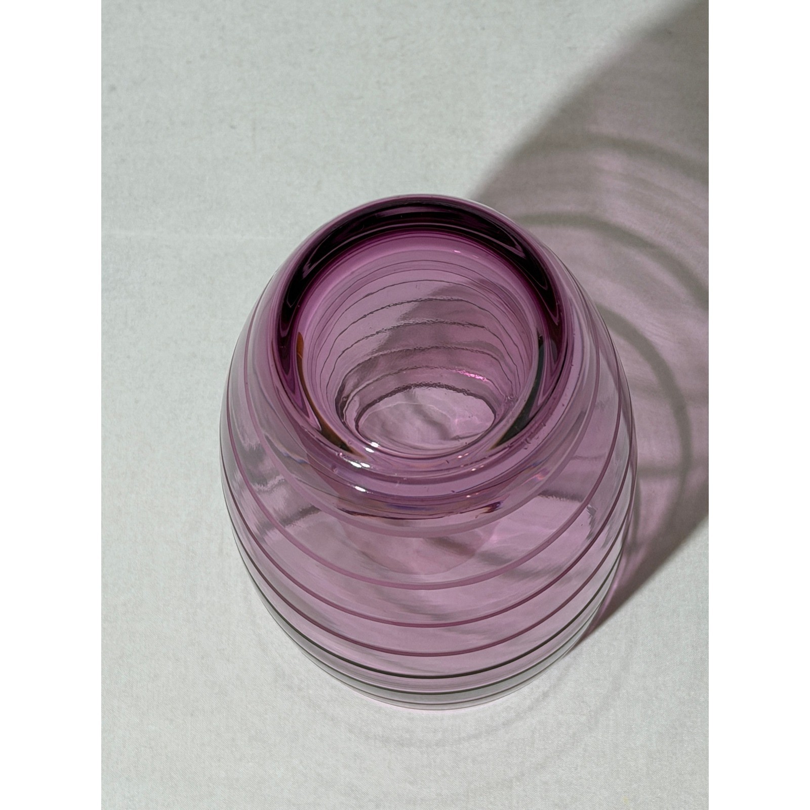 Teleflora Purple Pink Glass Barrel Vase with Etched Frosted Horizontal Bands 8″