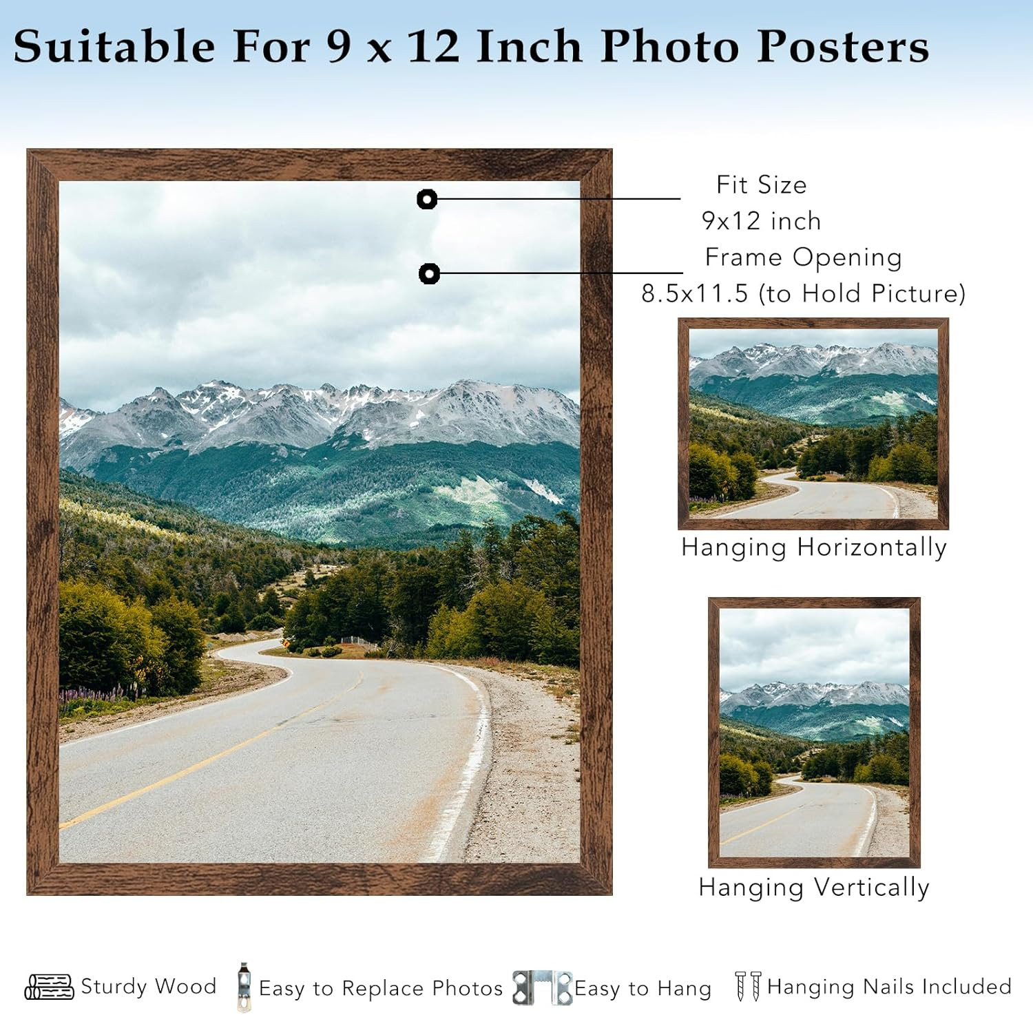 Deep Brown 9×12 Wood Picture Frame for Wall or Tabletop, Horizontal/Vertical
