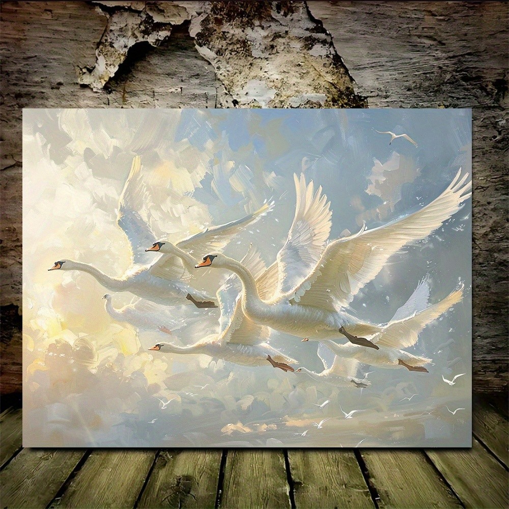 Flying White Swans Soft Sky Framed Canvas,Bright Serene Nature Animal Wall Decor