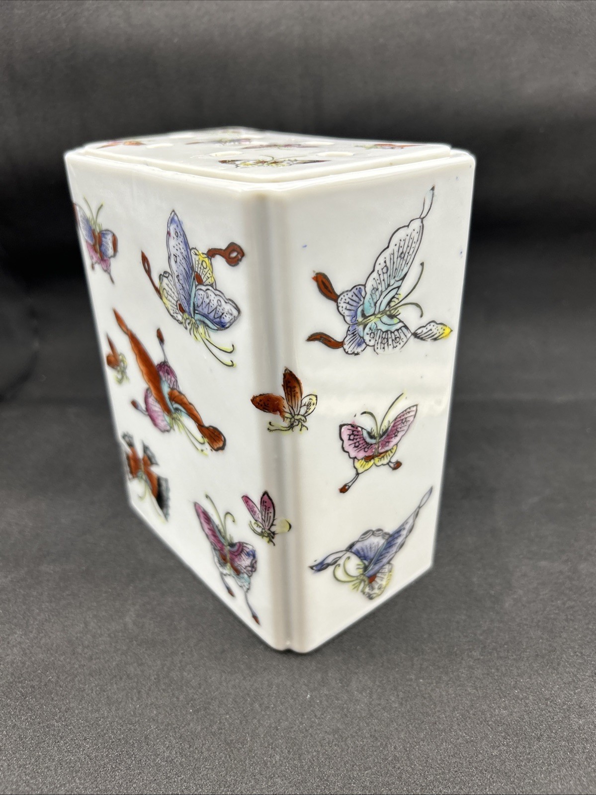 Vintage Porcelain Brick Rectangular Butterfly Vase With Flower Frog Hong Kong
