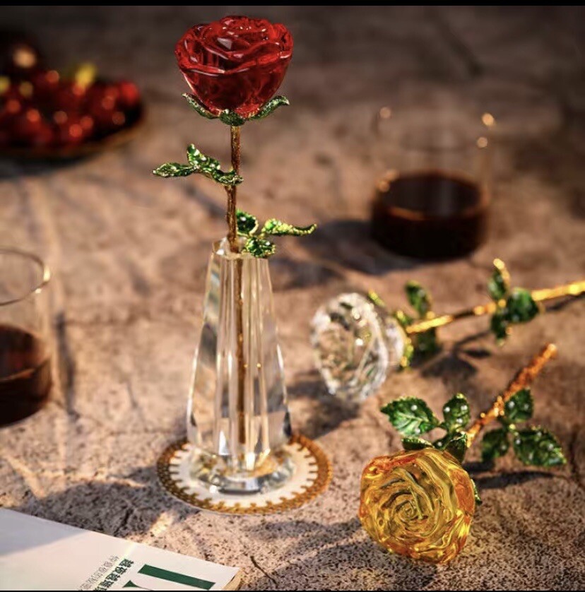 Crystal Glass Red❤️Rose Flower Gold Plated Long Stem Love Valentine’s Day Gift🌹