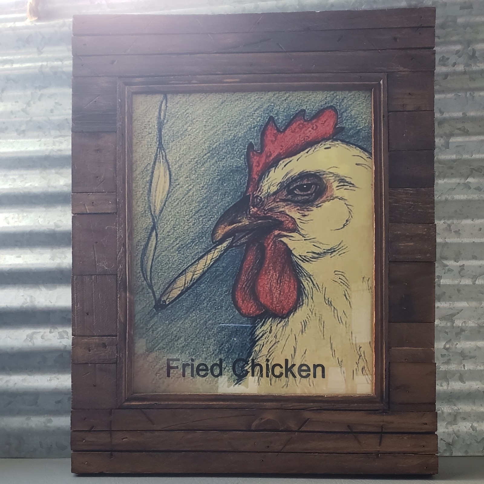 14.5″ x 11.25″ Fried Chicken Funny Smoking Rooster in Rustic Frame Hobby Lobby