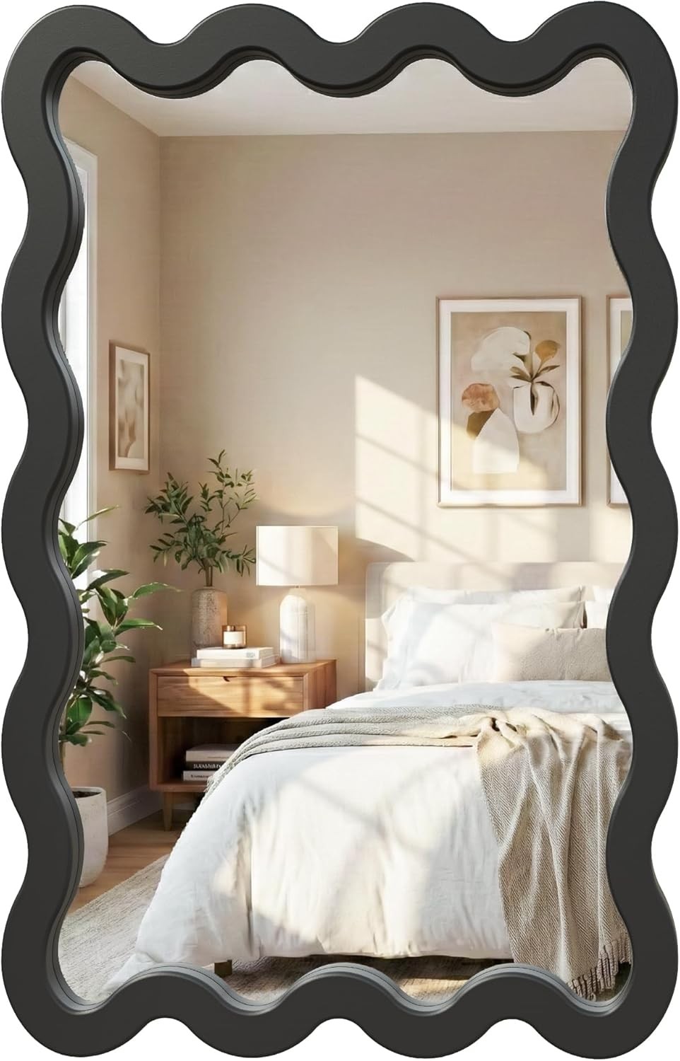 22″x30″ Matte Black Wavy Mirror, Solid Wood Irregular for Powder Room Vanity