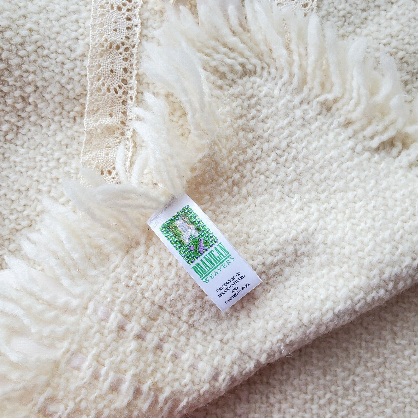 Vintage Branigan Weavers Ireland Soft Wool Baby Crib Blanket in Cream 46 x 34 in
