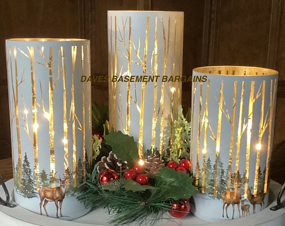 Set of 3 Illuminated Woodland Glass Hurricanes by Valerie – FREE FAST SHIPPING