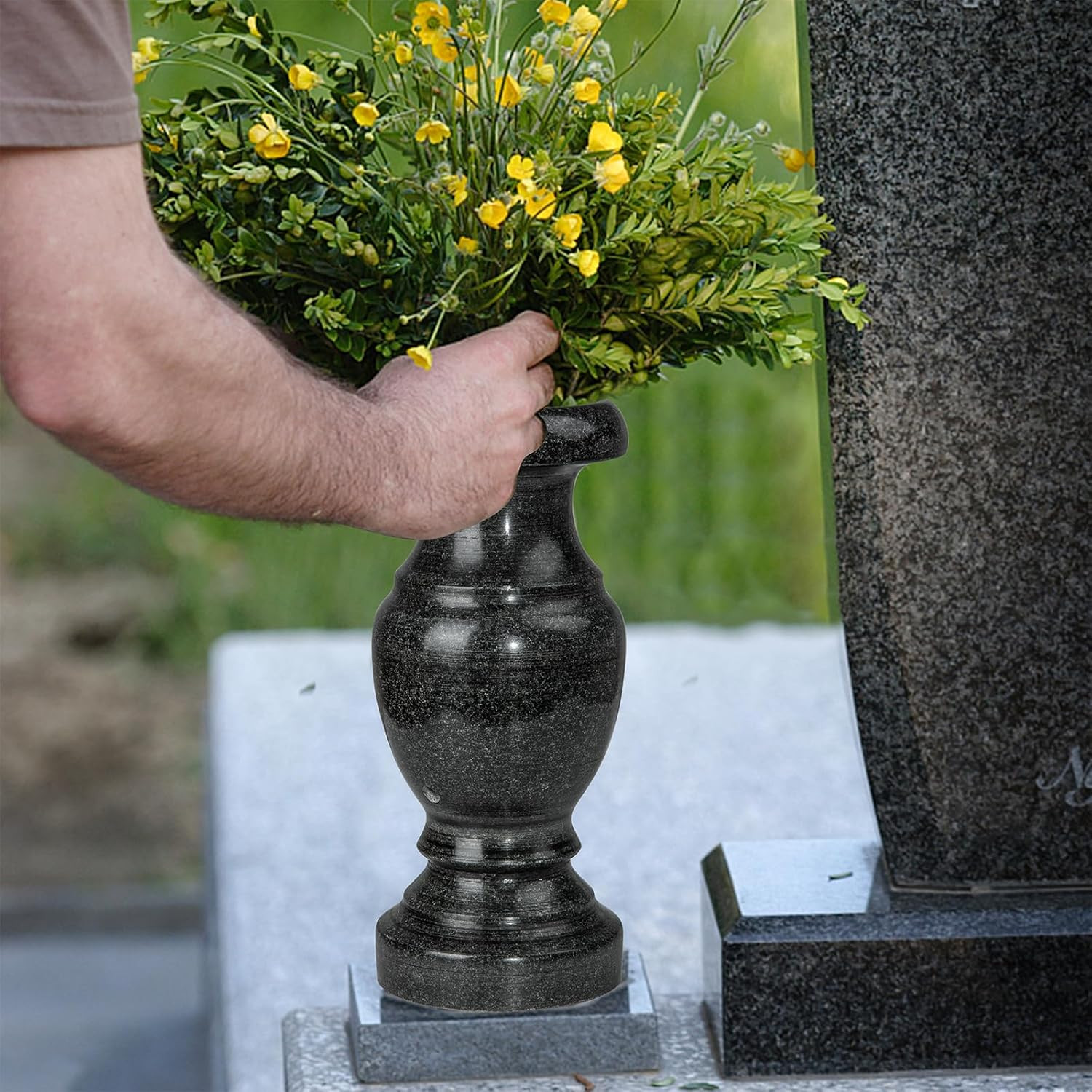 Cemetery Memorial Vase, Natural Granite Stone Flower Vases with Draining Holes f