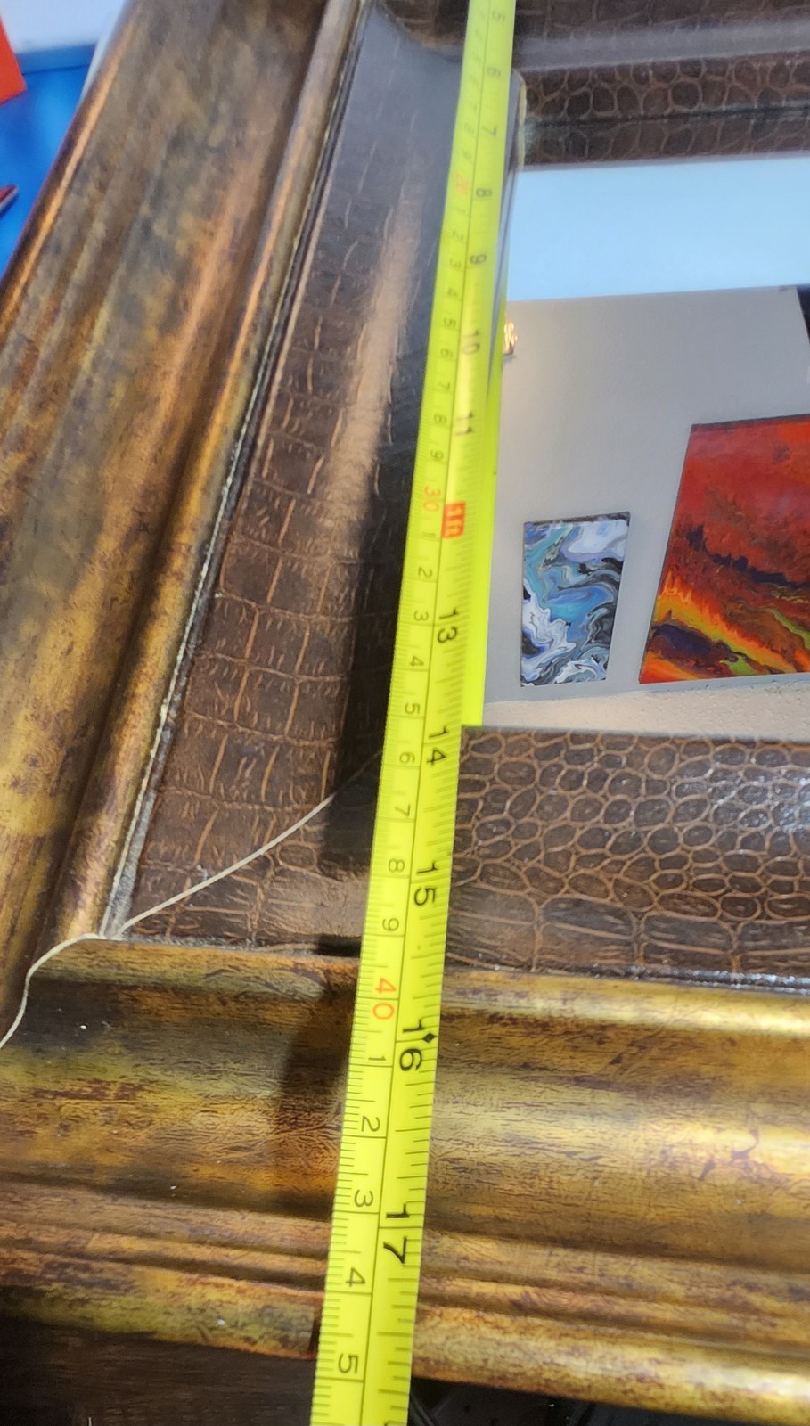 square mirror faux alligator textured inner frame and gold toned outer frame