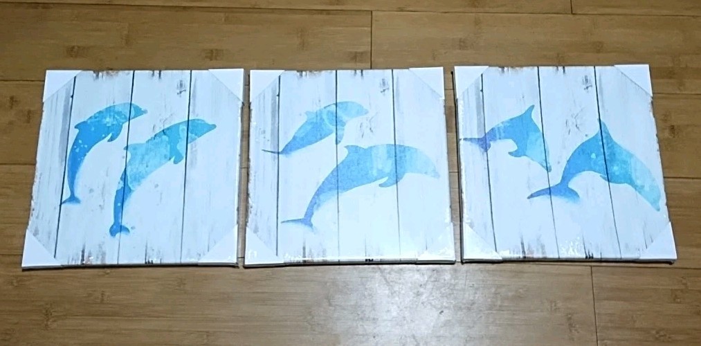 Jumping Dolphins Teal Blue Wall Decor Painting Suitable For Any Room 11&3/4″Sq