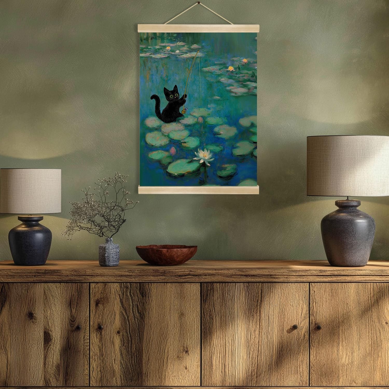 Monet-Inspired Pond Lotus Wall Art,Natural Linen Poster,Fun Lotus and Black C…